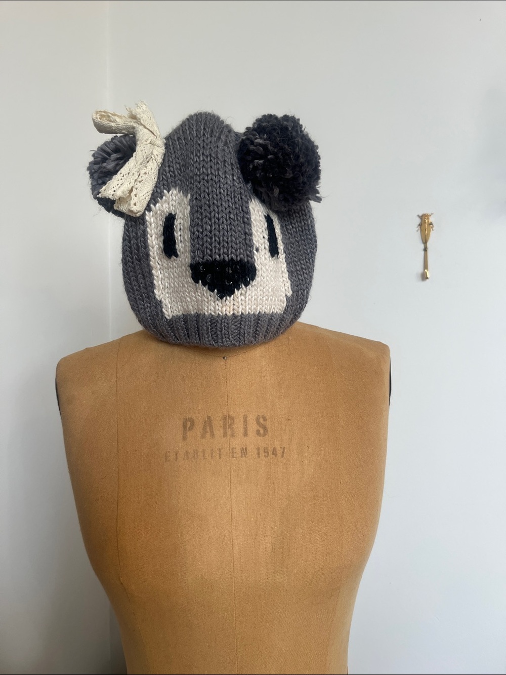 American Page Cozy Gray & Cream Knit Bear Beanie